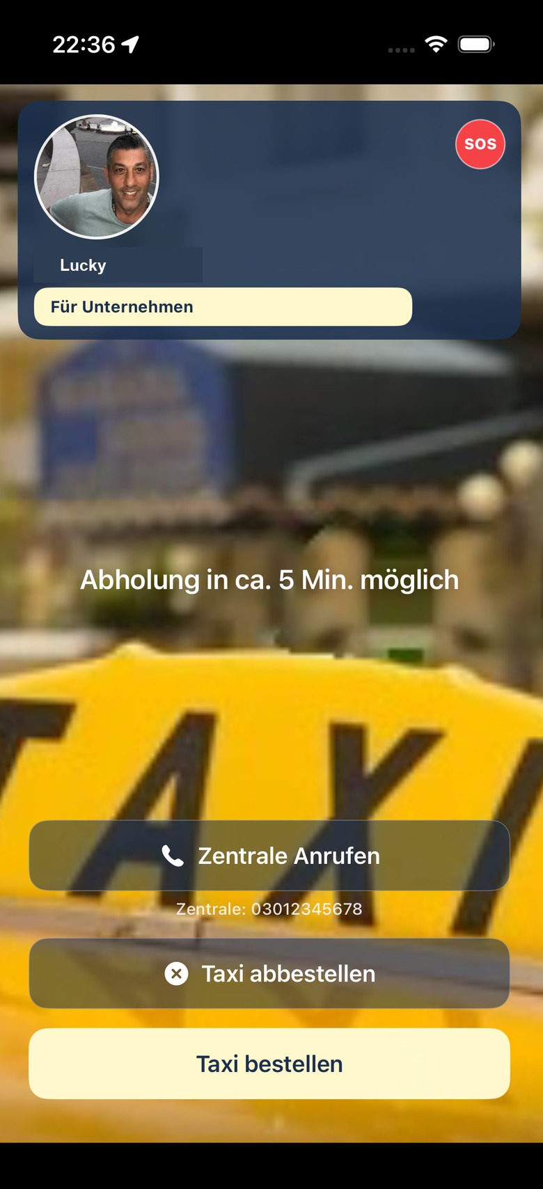 Luckys Taxi App: Startseite für Fahrgäste mit SOS